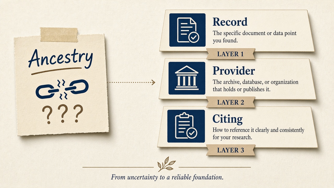 Illustration of a sparse Ancestry-only sticky note with a broken link, contrasted with three neat citation layers labeled Record, Provider, and Citing.