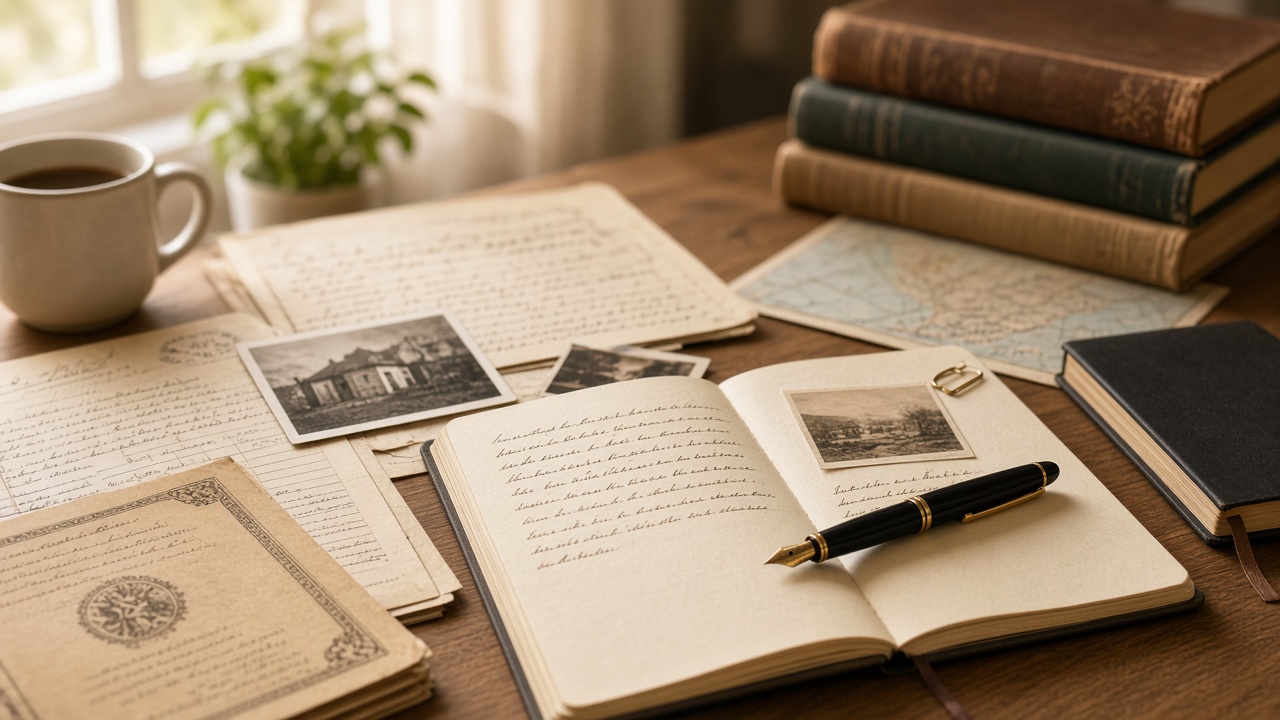 Warm wooden desk with aged papers, a fountain pen, and notebooks suggesting careful genealogy research in soft natural light.