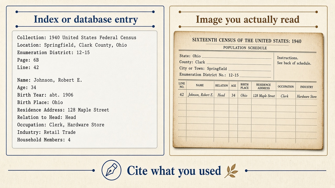 Side-by-side comparison of a typed census database extract and a stylized census schedule image, with the caption Cite what you used.