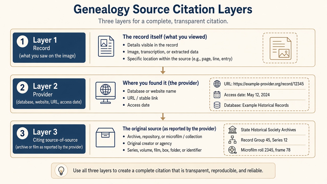 Infographic of three genealogy citation layers: Layer 1 the record image, Layer 2 the online provider, and Layer 3 the source-of-source as reported by the provider.