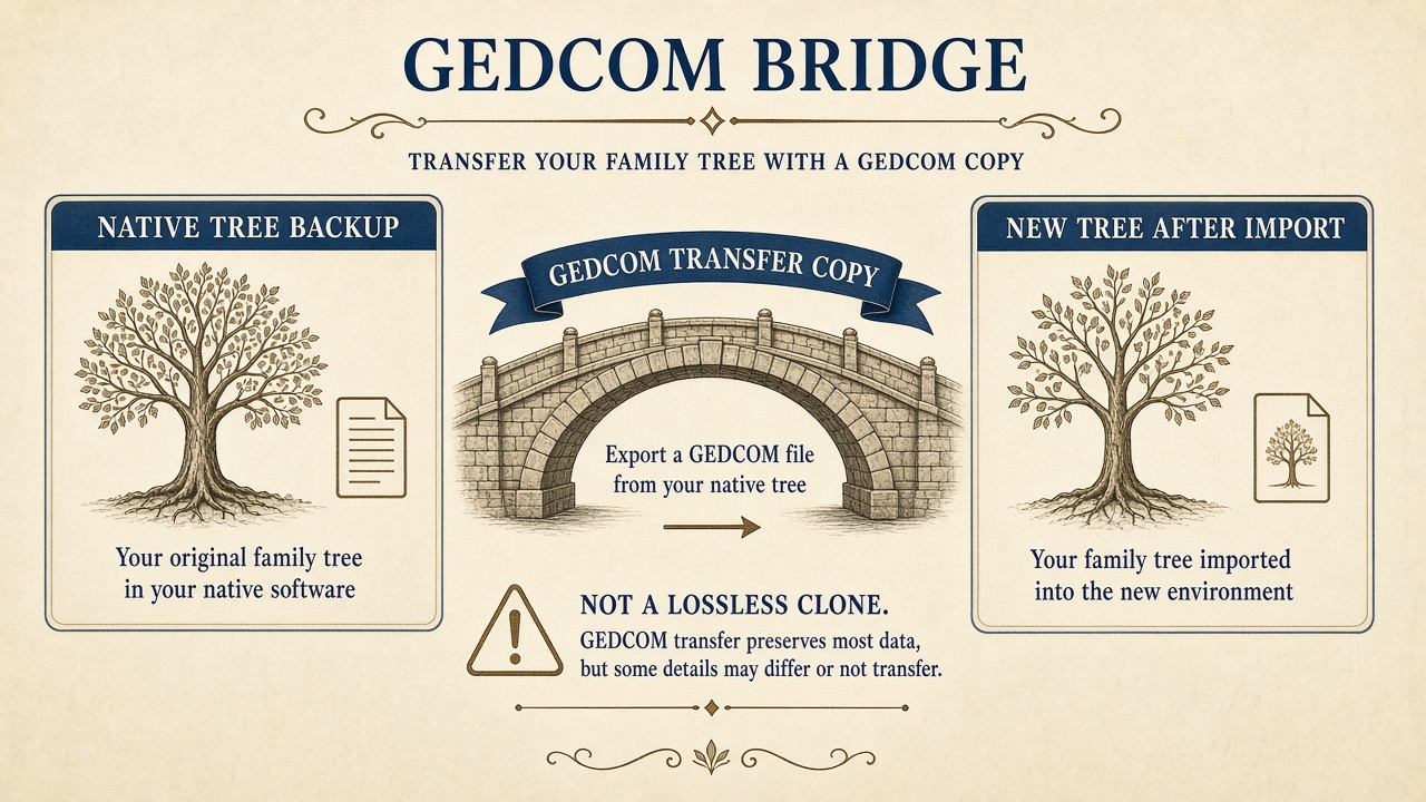 Diagram of a GEDCOM bridge from native tree backup to new tree after import, with a warning that it is not a lossless clone.