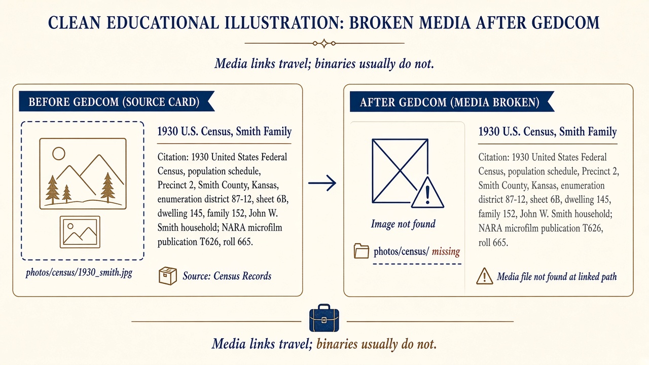 Side-by-side before and after cards showing a census photo path present before GEDCOM and missing after import, with the caption that media links travel but binaries usually do not.