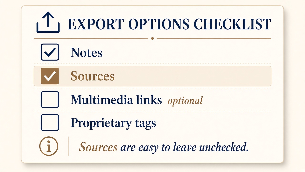 Generic export options checklist highlighting Sources as checked, with the caption that sources are easy to leave unchecked.