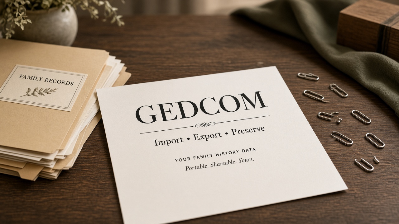 Wooden desk with a GEDCOM card reading Import Export Preserve, a Family Records folder, and scattered paperclips in soft light.