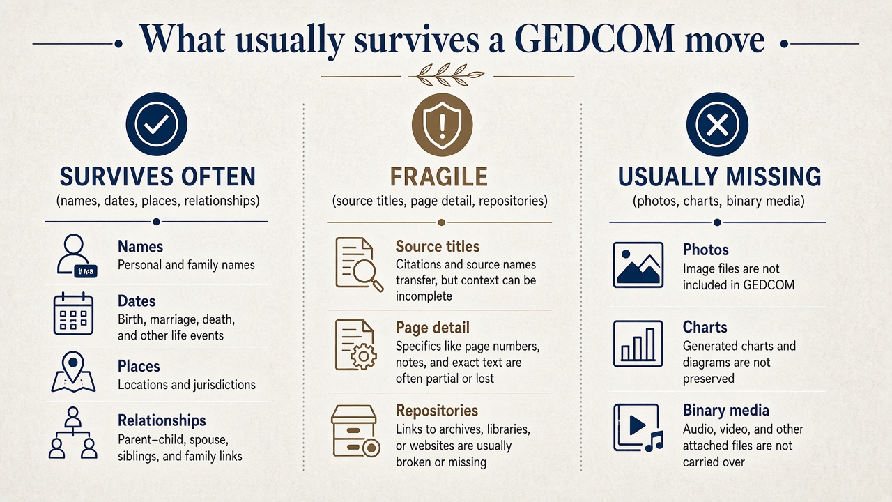 Three-column infographic showing what usually survives a GEDCOM move, what is fragile, and what is usually missing such as photos and binary media.