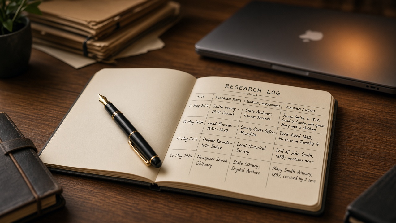Open research-log notebook with example dated rows on a wooden desk beside a pen and closed laptop.