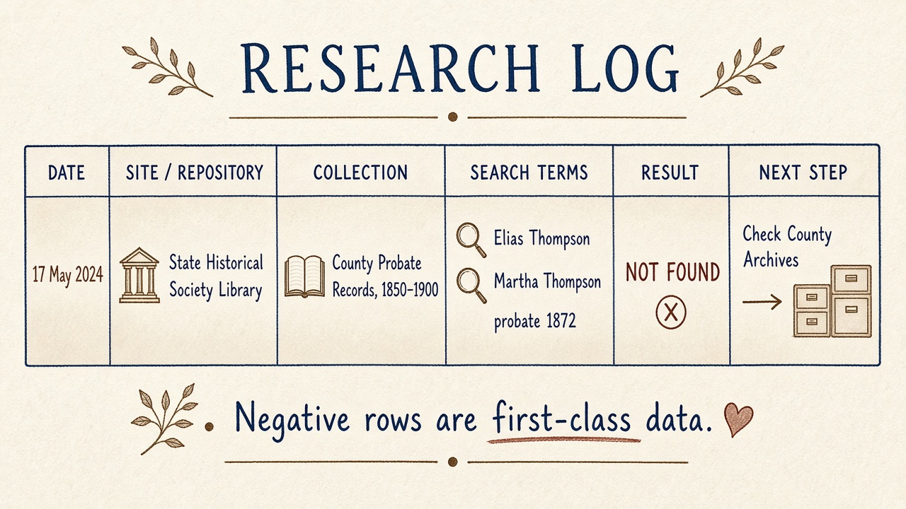 Example research-log row showing a NOT FOUND result, search details, and a next step at another repository.